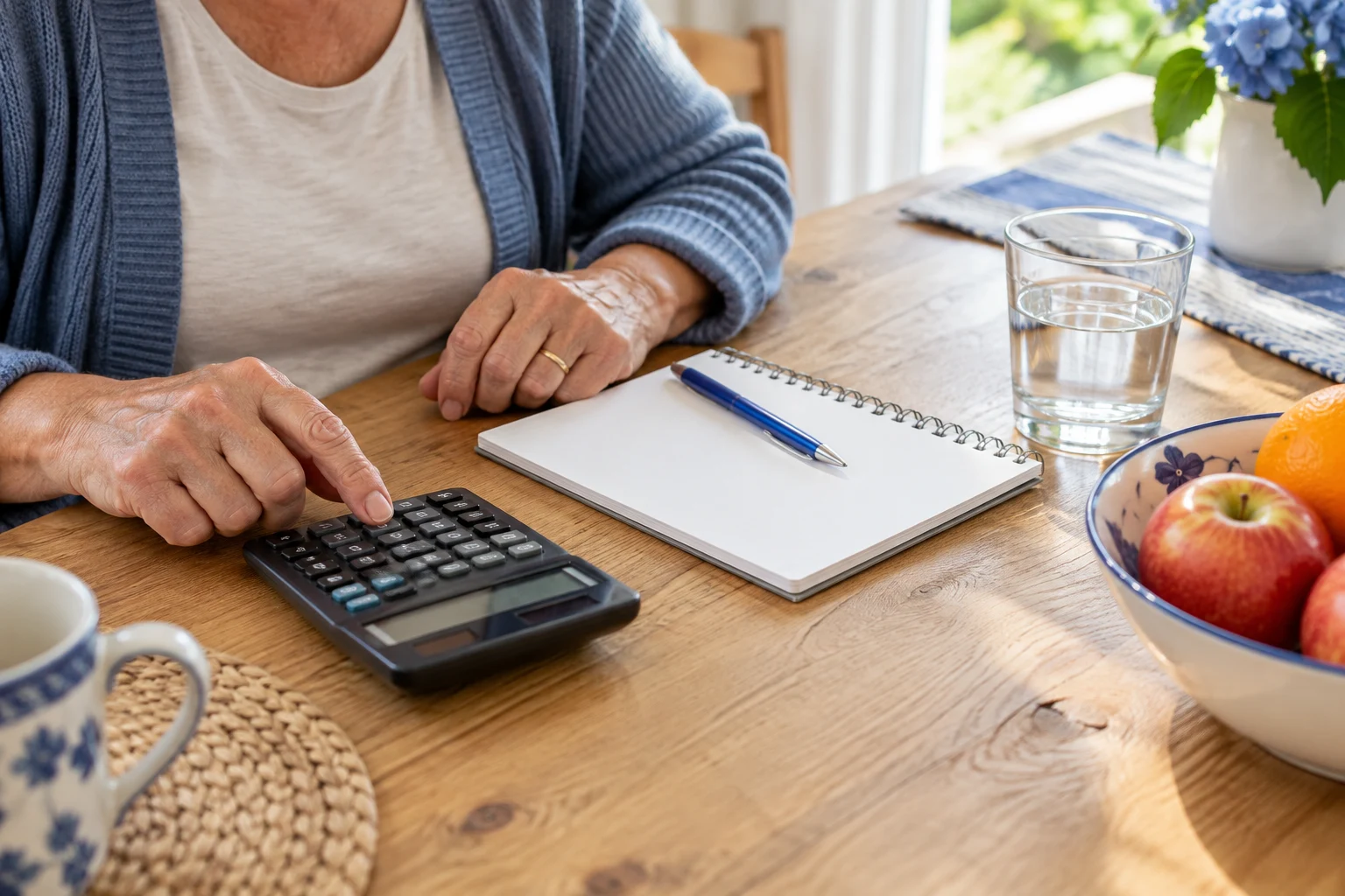Hands comparing costs at a kitchen table